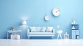 Stylish minimalist monochrome interior of modern cozy living room in white and pastel blue tones. Trendy couch, coffee Royalty Free Stock Photo
