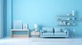 Stylish minimalist monochrome interior of modern cozy living room in white and pastel blue tones. Trendy couch, coffee Royalty Free Stock Photo