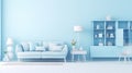 Stylish minimalist monochrome interior of modern cozy living room in white and pastel blue tones. Trendy couch, commode Royalty Free Stock Photo