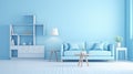 Stylish minimalist monochrome interior of modern cozy living room in white and pastel blue tones. Trendy couch, commode Royalty Free Stock Photo