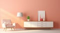 Stylish minimalist monochrome interior of modern living room in pastel orange and beige tones. Trendy armchair, commode