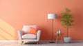 Stylish minimalist monochrome interior of modern living room in pastel orange and pink tones. Trendy armchair, coffee Royalty Free Stock Photo