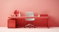 Stylish minimalist monochrome interior of modern office room in pastel carmine red and pink tones. Large desk, office Royalty Free Stock Photo