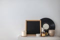 Stylish minimalistic design interior wall picture with wooden frame elegant scandi elements Royalty Free Stock Photo