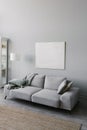 Stylish minimalistic interior of the living room in gray. Sofa with plaid, floor lamp, beige carpet and mockup white frame on the Royalty Free Stock Photo