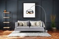 Stylish minimalistic living room interior with scandinavian and industrial style decor; grey vintage sofa and dark wall; large Royalty Free Stock Photo