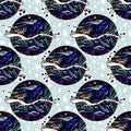 Stylish mininal nigth sky Planet Saturn seamless pattern. Moons, stars, clouds, space vector background ornament.