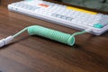 Stylish mint green coiled USB-C cable connected to a sleek mechanical keyboard, accentuating a modern custom computer setup on a Royalty Free Stock Photo