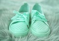 Stylish mint sneakers on fuzzy rug Royalty Free Stock Photo