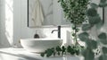 a stylish mirror, eucalyptus branches, and a vessel sink in a contemporary bathroom, highlighting the harmony between Royalty Free Stock Photo