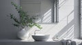 a stylish mirror, eucalyptus branches, and a vessel sink in a contemporary bathroom, highlighting the harmony between Royalty Free Stock Photo