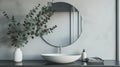 a stylish mirror, eucalyptus branches, and a vessel sink in a contemporary bathroom, highlighting the harmony between Royalty Free Stock Photo