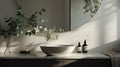 a stylish mirror, eucalyptus branches, and a vessel sink in a contemporary bathroom, highlighting the harmony between Royalty Free Stock Photo