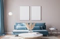 Stylish mockup frame for modern interior of living room with trending home accessories