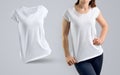 Stylish mockup Set with athletic young woman in the white t-shirt and shape of t-shirt without body Stylish mockup Set with