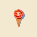 Stylish mockup with tomato in an ice cream waffle cone on a pastel beige background. Creative healthy food concept. copy