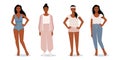 Stylish modern afro woman in flat style. Vector female characters in different clothes. Comfortable home clothes