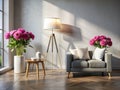 Stylish Modern Apartment Interior Mockup Empty Wall Lamp Peonies and Soft Shadow Light Perfect for Interior Design Royalty Free Stock Photo