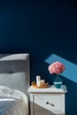 Stylish modern bedroom in dark colors. Cozy interior with navy blue walls, home decor. Bed with grey fabric headboard Royalty Free Stock Photo