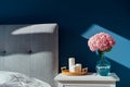 Stylish modern bedroom in dark colors. Cozy interior with navy blue walls, home decor. Bed with grey fabric headboard Royalty Free Stock Photo