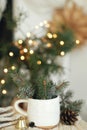 Stylish modern cup with fir branches on cozy sweater with ornaments and pine cones on background of warm lights and sweden star in