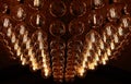 Stylish, modern and decorative lamps of Edison of round shape in the rows. Light bulbs in retro style. A lot celling