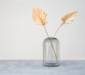 Stylish modern dry palm leaves in glass vase on a blue background in Scandinavian style. Art deco, boho gift for anniversary, Royalty Free Stock Photo