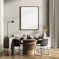 Stylish modern interior of dining room with design wooden round table, chairs, mockup framed poster to display art and elegant