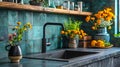 Stylish Modern Kitchen Design: Green Emerald Backsplash, Minimalist Faucet, Colorful Stone CountertoÃ¢â¬Â¦