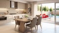 Stylish modern kitchen with table set for dinner within chic home, AI Generative