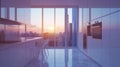 Stylish modern kitchen in white with expansive window showcasing sunrise in skyscraper view Royalty Free Stock Photo