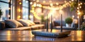 Stylish Modern Living Room Boasts Glowing HighSpeed WiFi Router Setting a Technological Tone for a Luxurious Interior