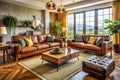 Stylish Modern Living Room Design Ideas Combining Leather and Fabric Sofas for a Luxurious and Comfortable Space Royalty Free Stock Photo