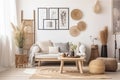 Stylish and modern living room interior in boho style with mockup photo frames Royalty Free Stock Photo