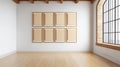 Eight Empty Picture Frames on White Wall in Modern Loft Interior with Hardwood Floor and Large AI generated. Royalty Free Stock Photo