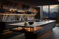 Stylish modern luxury kitchen featuring atmospheric white LED lighting Royalty Free Stock Photo