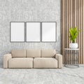 Stylish modern office interior, waiting room, with design leather couch, three white mock up framed poster, tile ceramic floor. No Royalty Free Stock Photo