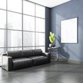 Stylish modern office room interior in skyscraper building with design leather couch, white mock up framed poster, tile ceramic Royalty Free Stock Photo