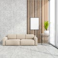 Stylish modern office room interior in skyscraper building with design leather couch, white mock up framed poster, tile ceramic Royalty Free Stock Photo