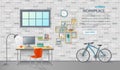 Stylish and modern office workplace. Room interior with desk, chair, monitor, bicycle. Brick background. Detailed vector