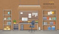 Stylish and modern office workplace. Room interior. Detailed vector illustration for web banner. Royalty Free Stock Photo