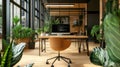 Stylish modern office workspace with digital displays and natural elements under bright lighting Royalty Free Stock Photo