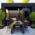 A stylish and modern outdoor space with a barbecue grill and a dining table. Generative Ai