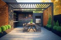 A stylish and modern outdoor space with a barbecue grill and a dining table. Generative Ai