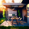 A stylish and modern outdoor space with a barbecue grill and a dining table. Generative Ai