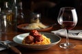 stylish and modern take on classic spaghetti and meatballs with checkered plate, hipster glasses, and wine