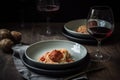 stylish and modern take on classic spaghetti and meatballs with checkered plate, hipster glasses, and wine