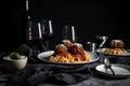 stylish and modern take on classic spaghetti and meatballs with checkered plate, hipster glasses, and wine