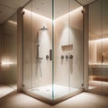 Stylish modern walk in shower unit in pristine bathroom