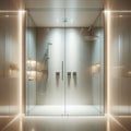 Stylish modern walk in shower unit in pristine bathroom